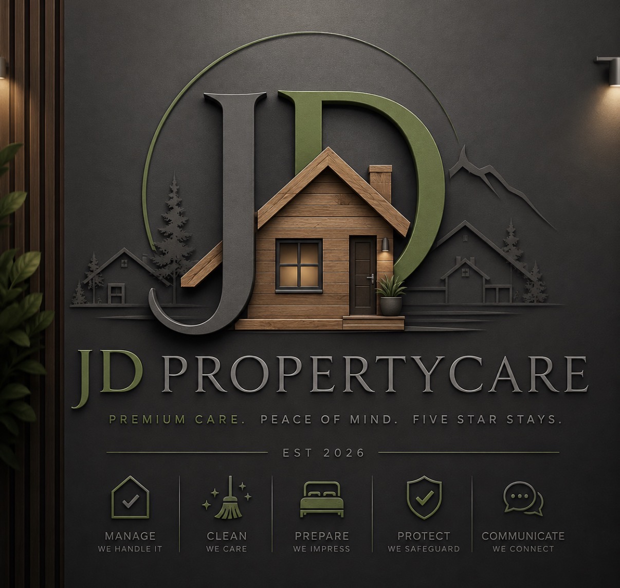 JD Propertycare logo with a timber home